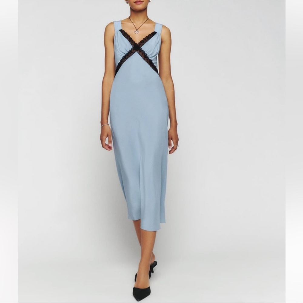 NWT Reformation Provence Silk Dress in Blue Size XL | Silk Black Lace Trim
